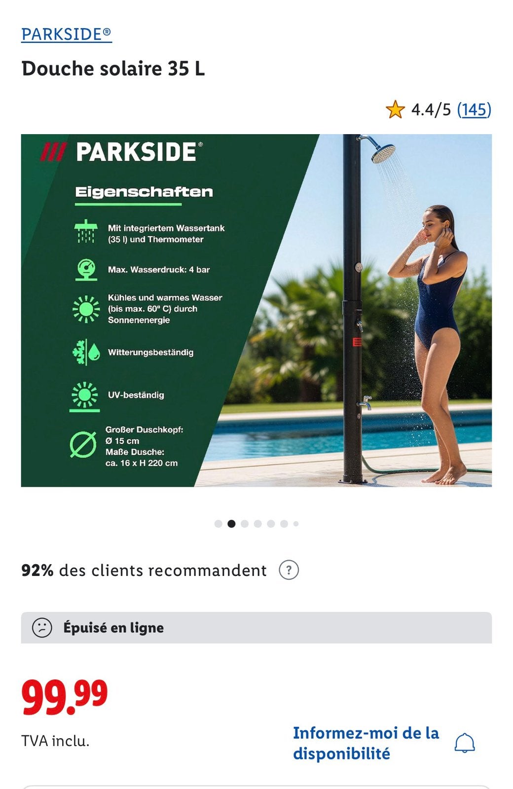 Douche solaire Parkside, Enlèvement, Neuf