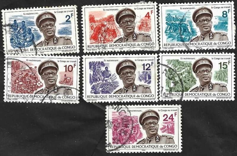 7 Postzegels Congo-Kinshasa 1966 Generaal Mobutu, Ophalen of Verzenden, Overige landen, Gestempeld