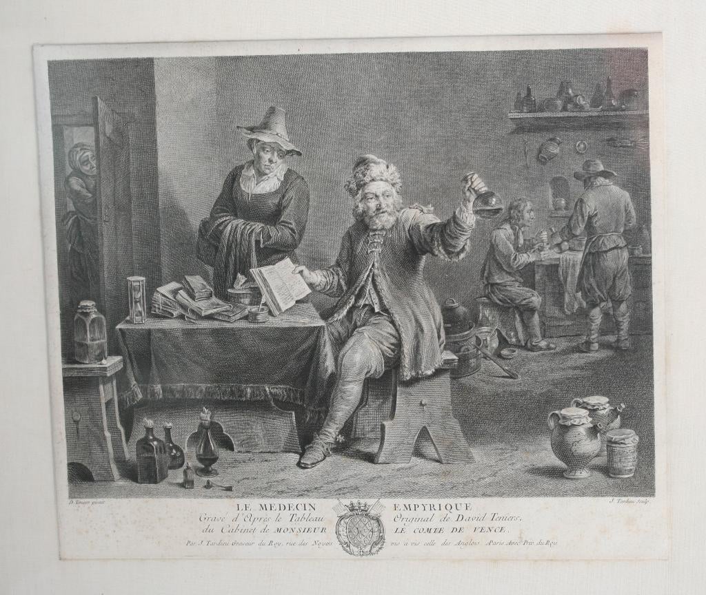 Antieke gravure Le Medecin Empyrique  18de eeuw, Antiek en Kunst, Ophalen of Verzenden, Gravure, Ingelijst