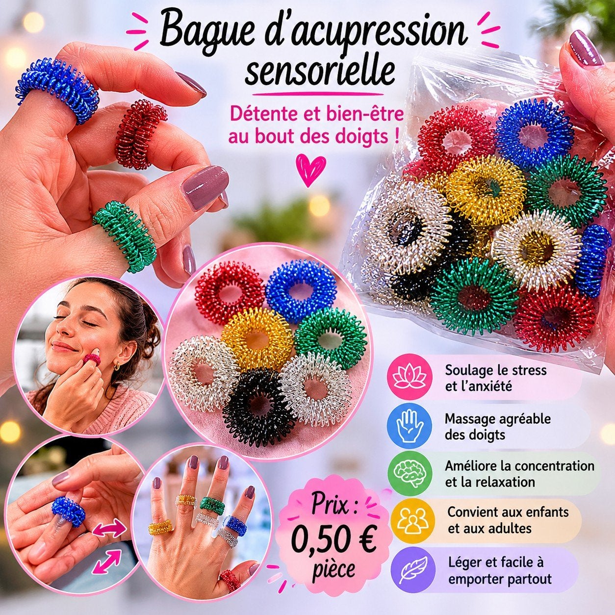 Bague d’acupression / bague sensorielle colorée, Hobby en Vrije tijd, Scrapbooking, Nieuw