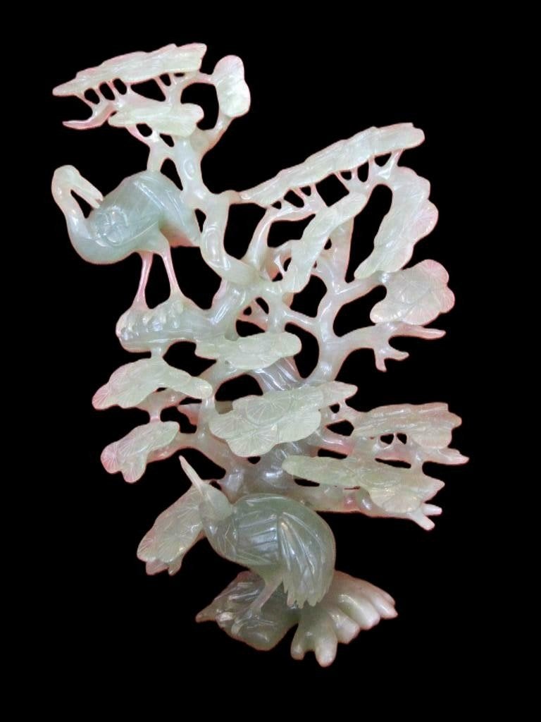 Prachtige jade kraanvogels op pijnboom., Antiquités & Art, Art | Art non-occidental, Enlèvement, Sculpture
