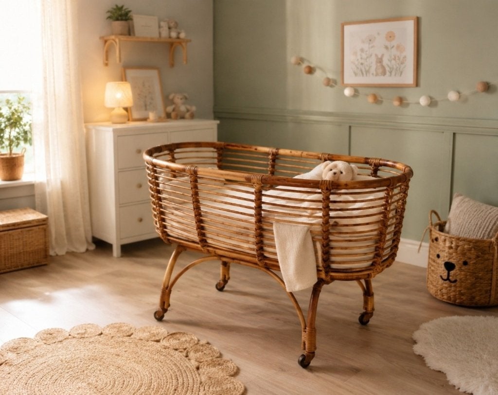 Berceau bébé vintage en rotin sur roulettes, Enfants & Bébés, Enlèvement, Comme neuf