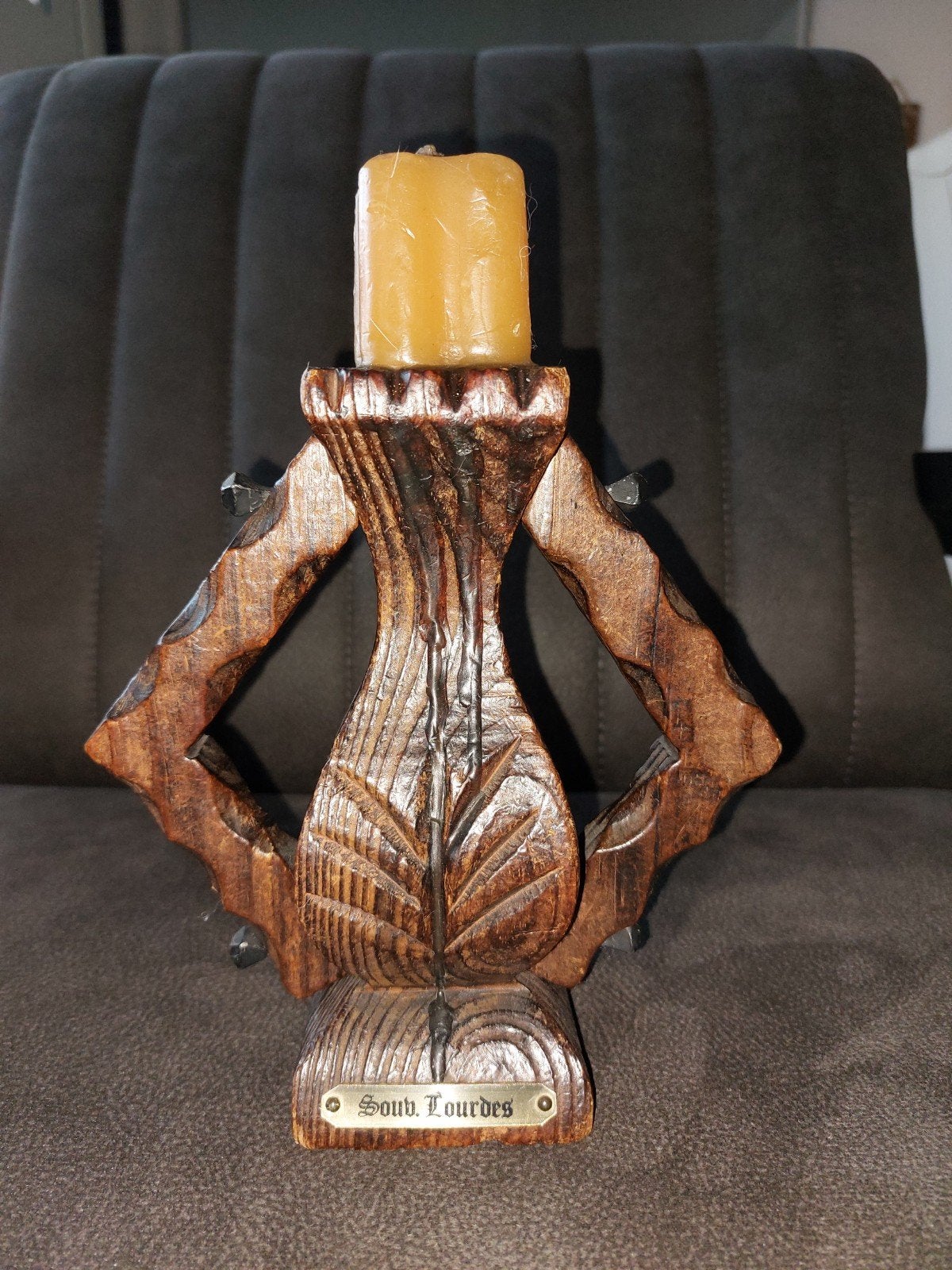 Bougeoir ancien en bois sculpté à la main — Décoration vinta, Enlèvement