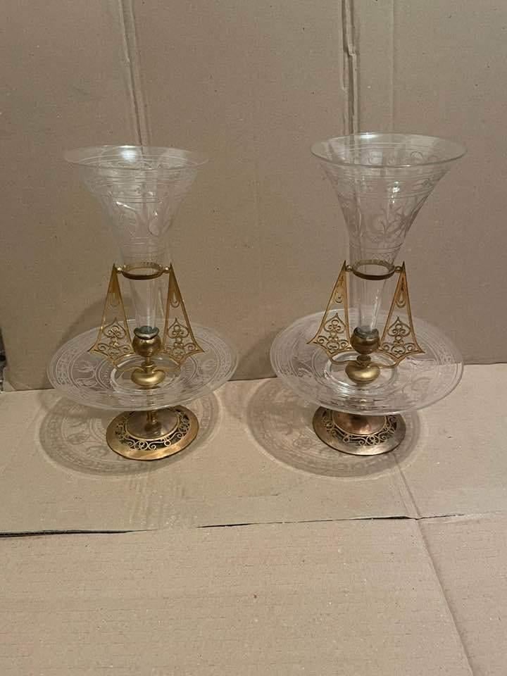 Paire De Centre table Vases Cornets Bronze Cristal Napol III, Ophalen of Verzenden