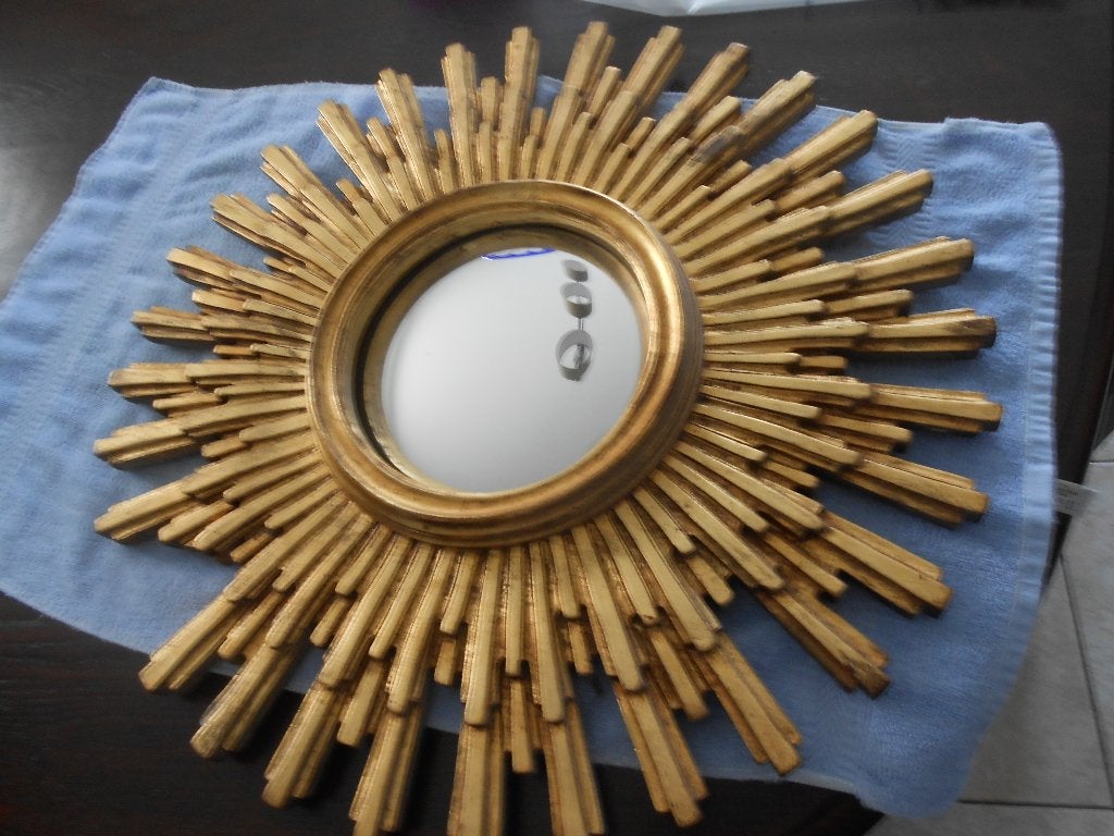 Authentieke zware zonnespiegel in hout 55 cm, Antiek en Kunst, Ophalen, Rond, 50 tot 100 cm, Minder dan 100 cm