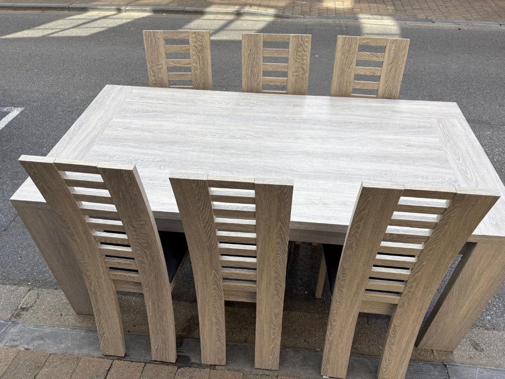 Table à manger avec 6 chaises – moderne coloris chêne clair, Maison & Meubles, Enlèvement, Comme neuf, Contemporain, 4 à 6 chaises