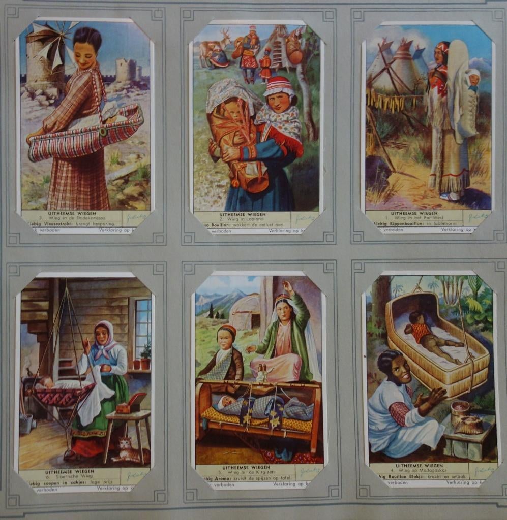 Set Liebig Prenten Uitheemse wiegen (1957)., Verzamelen, Ophalen of Verzenden, Zo goed als nieuw, 1940 tot 1960, Prent