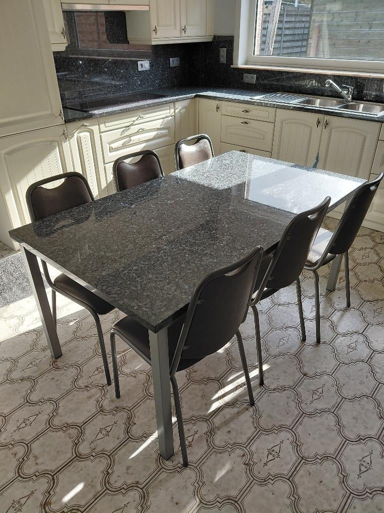 Eettafel 6 personen met granieten blad + 6 stoelen, Ophalen, Overige materialen, 50 tot 100 cm, Zo goed als nieuw
