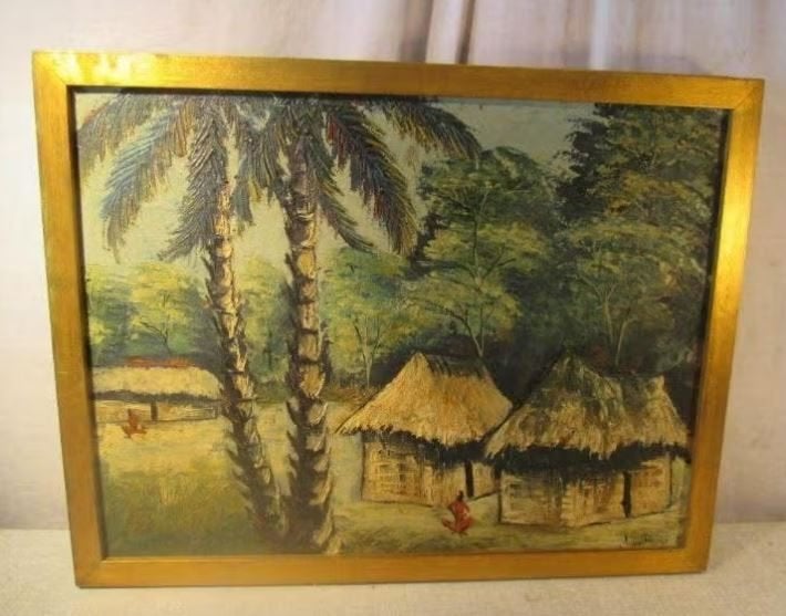 Œuvre magnifiquement peinte « Cabanes et palmiers » - signée, Antiquités & Art, Enlèvement ou Envoi, Panneau, Paysage, Signé