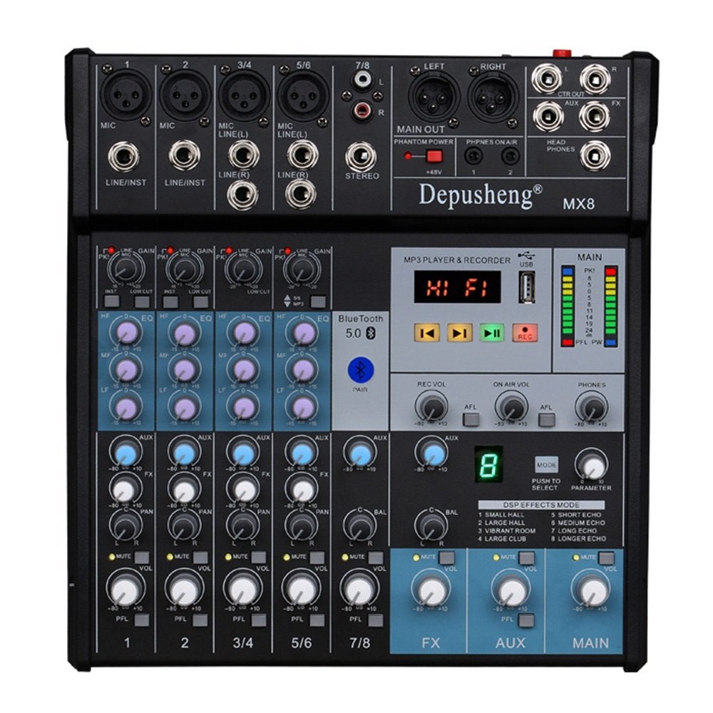 MX8 Professionele 8-Kanaals Audiomixer-met 3-Bands Equalizer, Ophalen of Verzenden, Zo goed als nieuw
