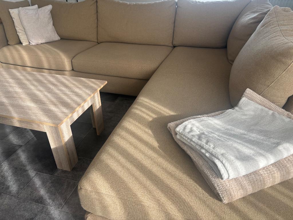 Beige stoffen zetel., Ophalen, 250 tot 300 cm, Gebruikt, Hoekbank