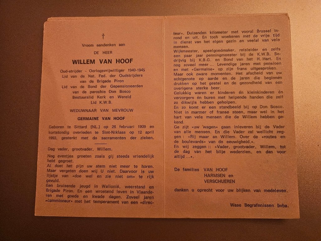 Brigade Piron Van Hoof, Verzamelen, Ophalen of Verzenden, Bidprentje