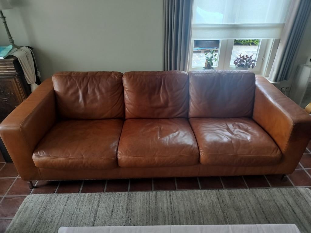 Zetel Massimo 3.5 zits cognac leder Goossens, 200 à 250 cm, Banc droit, Enlèvement, Utilisé