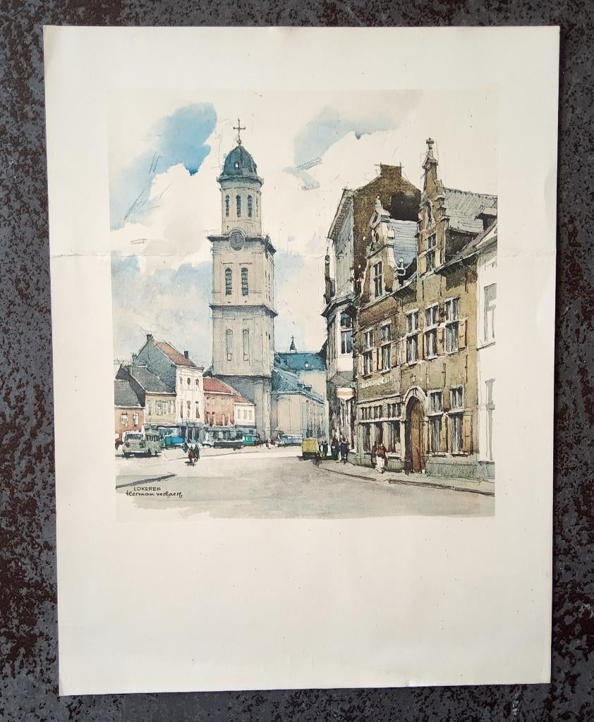 Ingekleurde ets Lokeren door Herman Verbaere (1905-1993), Enlèvement ou Envoi, 1950 - 1999, Signé, Autres techniques