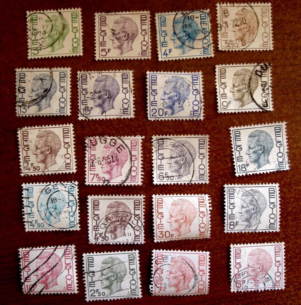20 verschillende Belgische postzegels Boudewijn 1971, Verzenden, Koninklijk huis, Gestempeld, Gestempeld