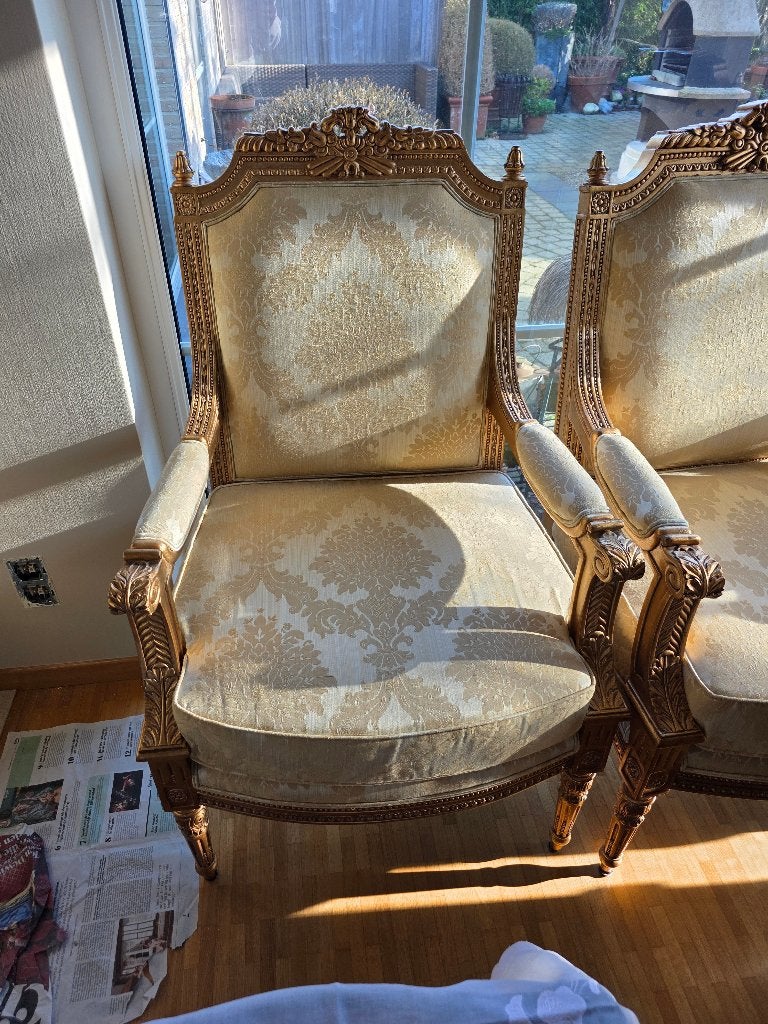 4 Klassieke Vergulde Armstoel met Damast Bekleding, Antiek en Kunst, Ophalen