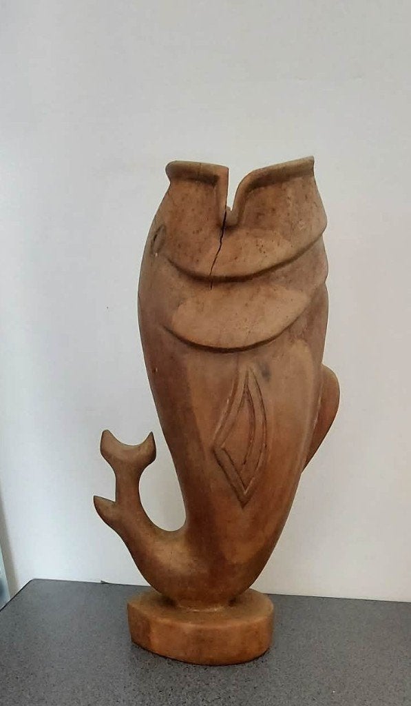Vintage sculptuur van massief houten vissen, Overige onderwerpen, Houtsnijwerk, Ophalen of Verzenden, 20 - 50 cm