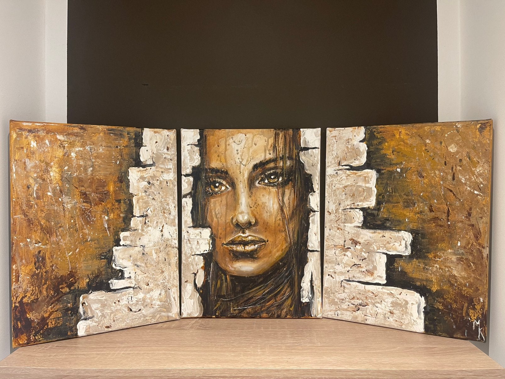 Origineel modern schilderij 3 luik Mk Art, Antiek en Kunst, Ophalen of Verzenden, Handgeschilderd, Acrylverf, Portret