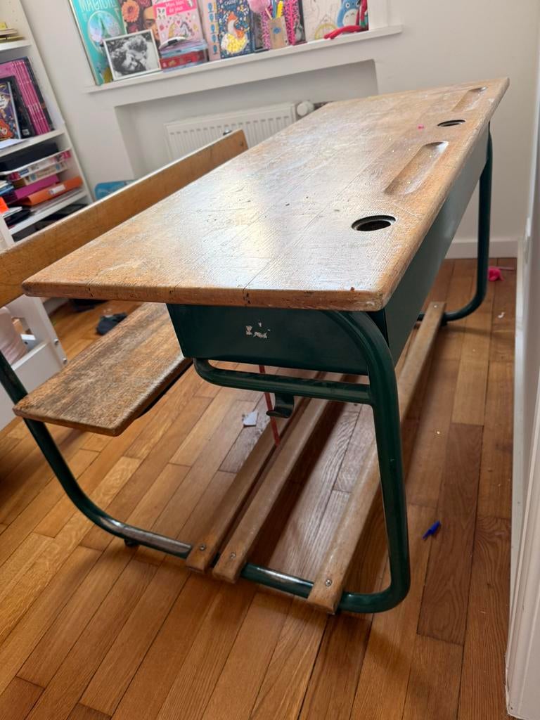 Bureau d’écolier vintage 2 places — bois & métal vert, Vintage, Enlèvement, Utilisé, Bois