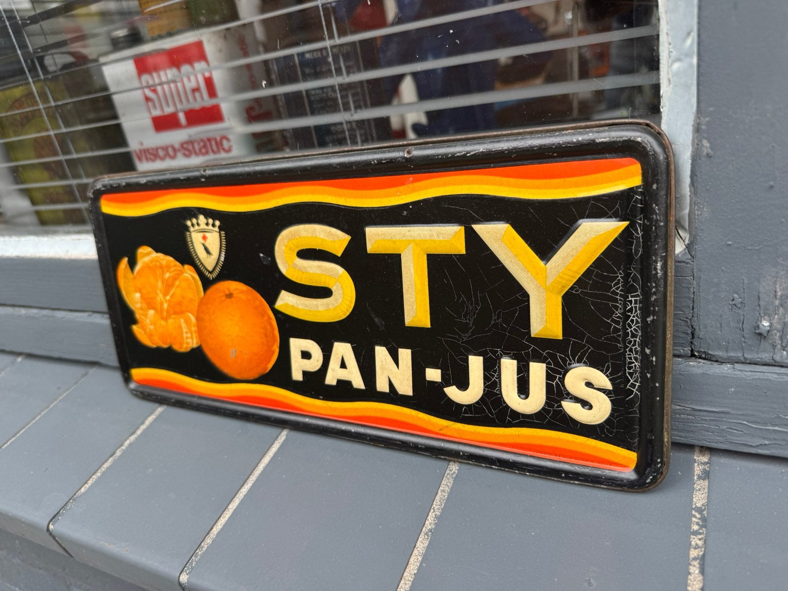 STY Pan Jus oud reclamebord 1947, Verzamelen, Ophalen of Verzenden, Gebruikt, Reclamebord