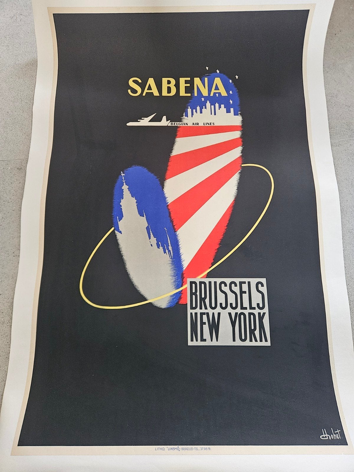 Affiche originale : Sabena, Bruxelles, New York, vers 1950, Collections, Enlèvement ou Envoi