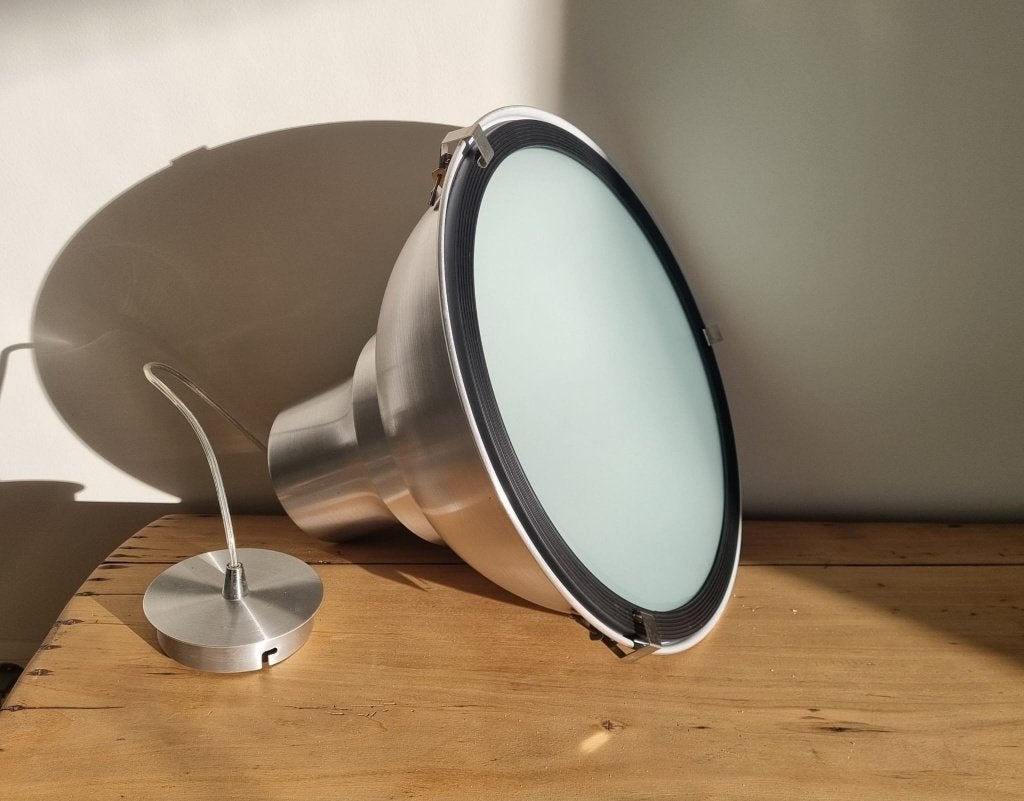 Factory hanglamp Lucide, 39 cm diameter, geborsteld staal, Ophalen of Verzenden, Zo goed als nieuw, Glas, Minder dan 50 cm