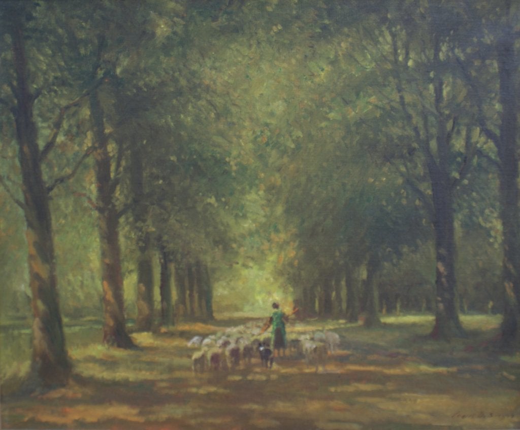 Louis De Saeger (1908-1988): Herderin met kudde (0/D, 82x72), Enlèvement ou Envoi, Signé, Peinture à l'huile