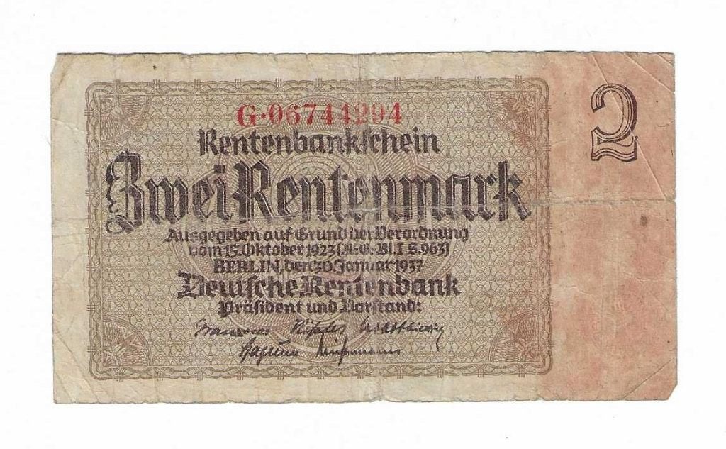 Oud bankbiljet Duitsland zwei Rentenmark (Munt 0009), Postzegels en Munten, Bankbiljetten | Europa | Niet-Eurobiljetten, Ophalen of Verzenden