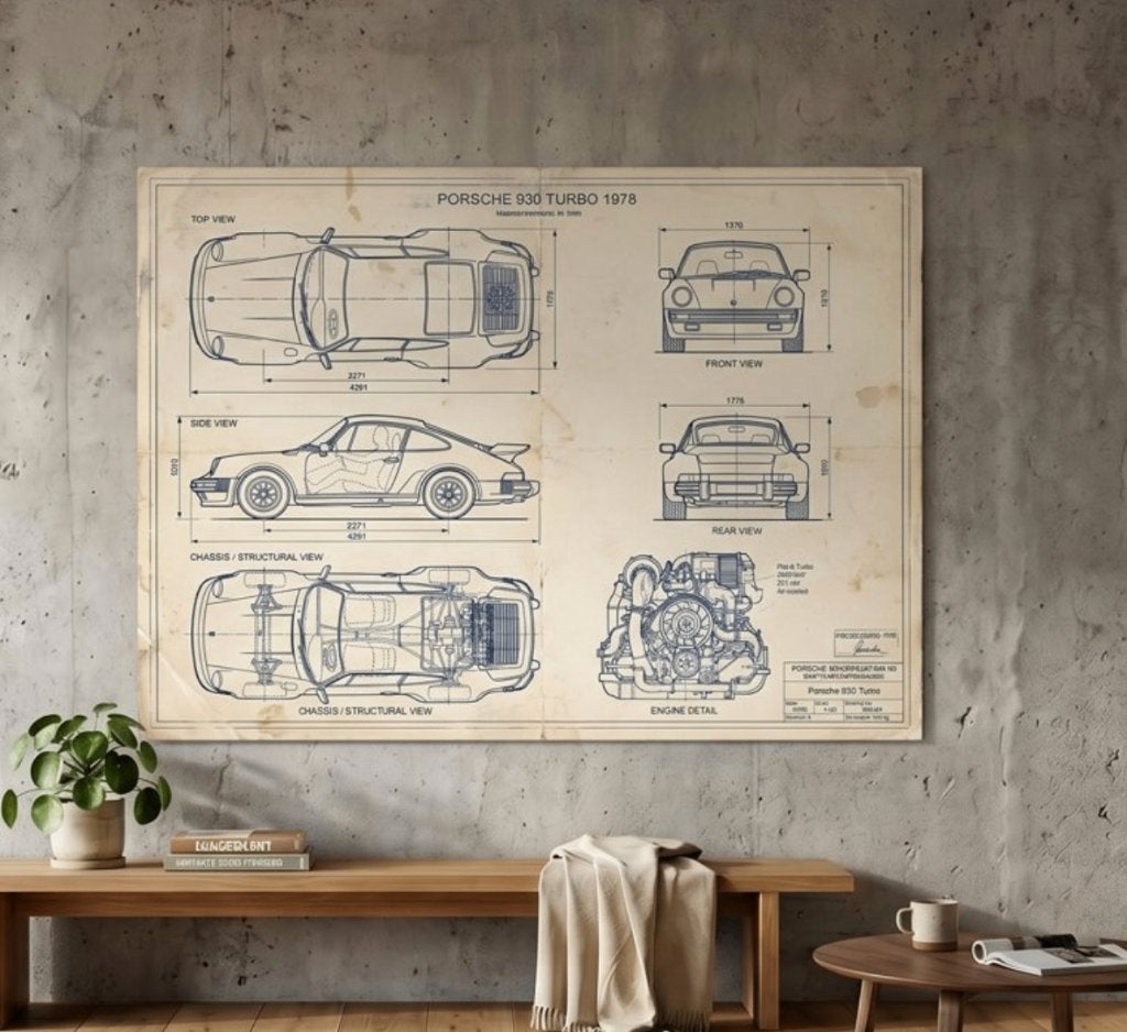 Porsche 930 Turbo - Technische blauwdruk, Overige stijlen, Ophalen of Verzenden, Tekening, Origineel werk