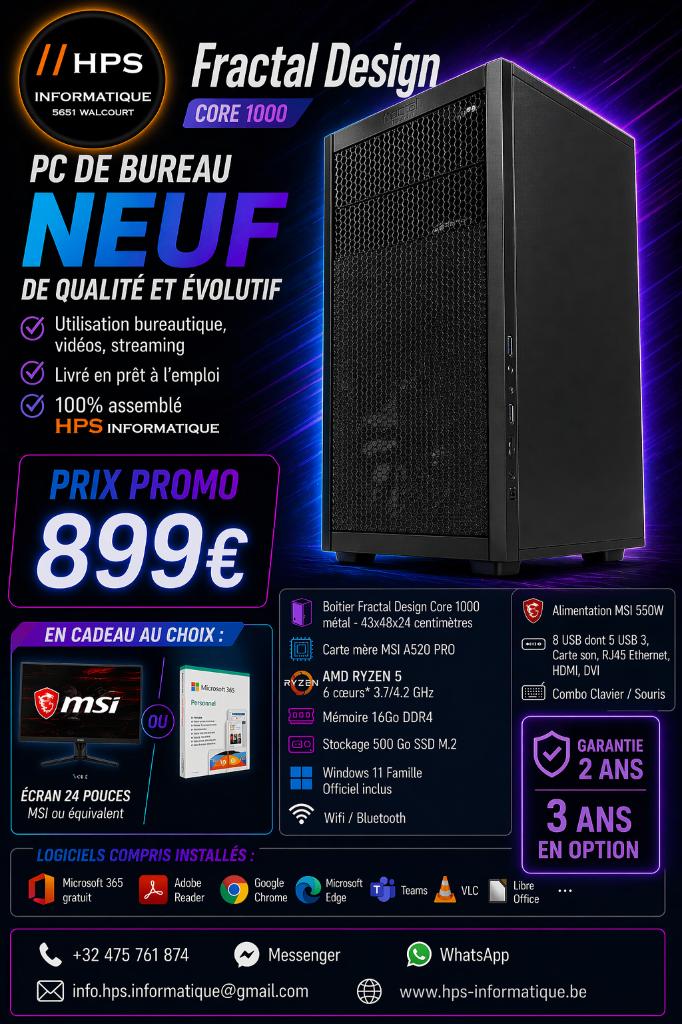 Neuf PC bureau Fractal design W11+ Office ou ecran 24 FHD, Neuf, Enlèvement ou Envoi, 3 à 4 Ghz, Avec carte vidéo