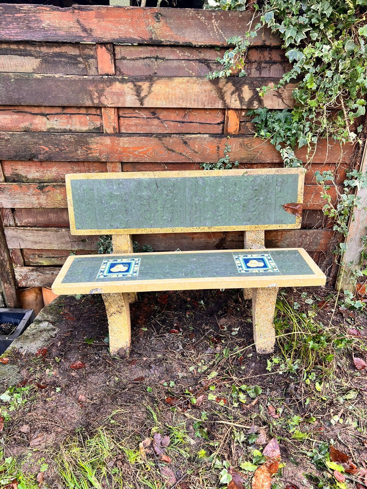 Banc d'extérieur en marbre bleu gris/cadre granit poli crème, Enlèvement, Comme neuf