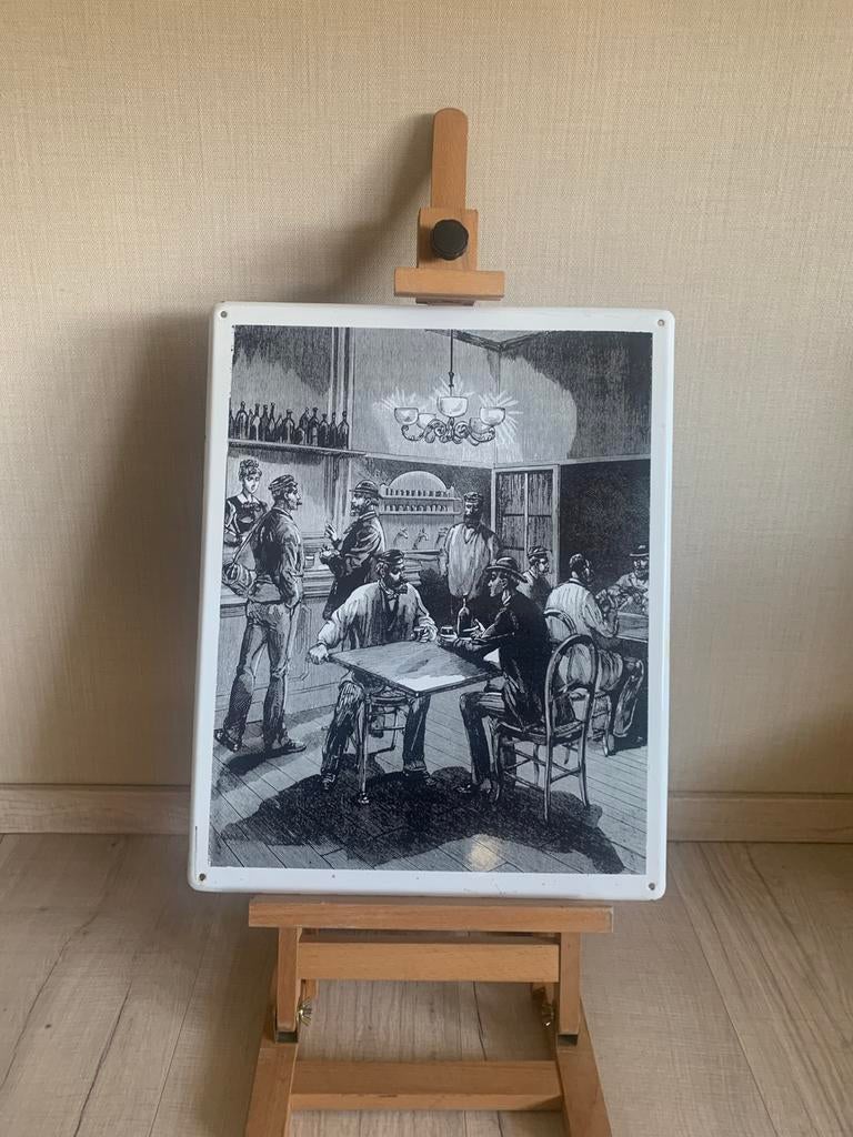 Bord emaille cafe tafereel, Ophalen