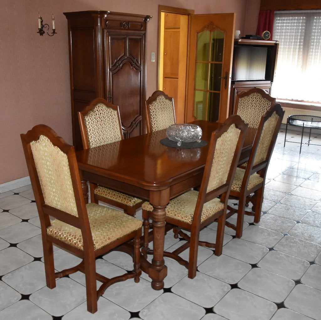 Table à manger extensible en merisier + 6 chaises en velours, Cinq personnes ou plus, Comme neuf, Enlèvement, Rectangulaire