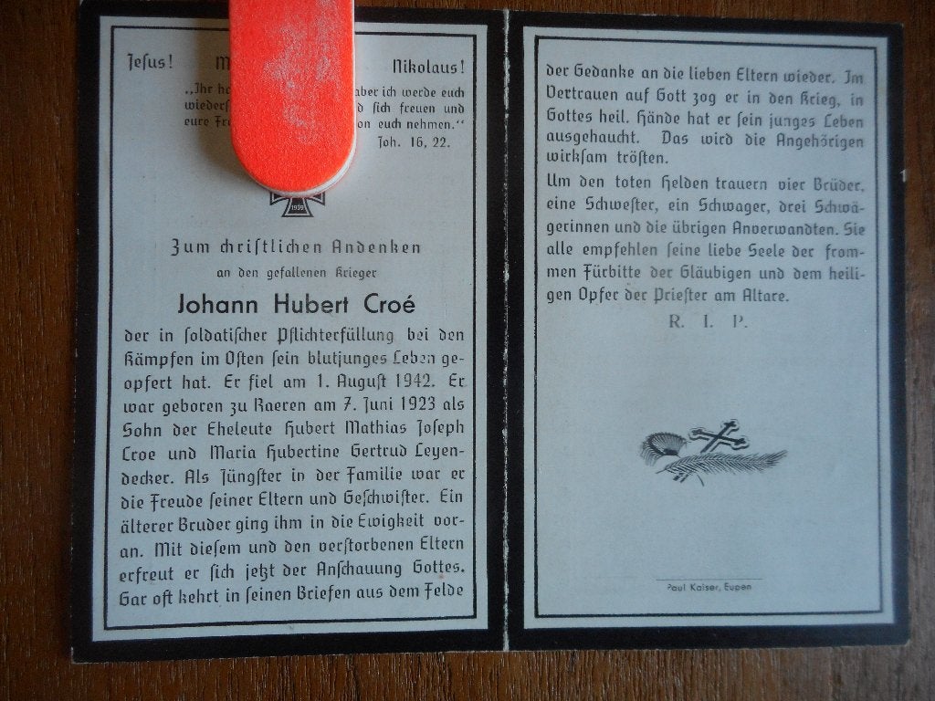 souvenir soldat Belge enrôlé armée Allemande RAEREN, Envoi