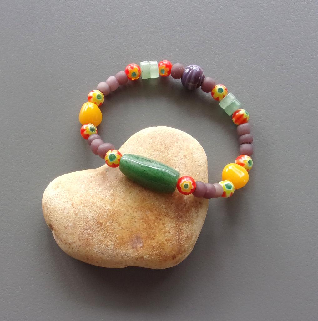 Surferarmband van aventurijn en vintage glas voor dames, Met bedels of kralen, Nieuw, Ophalen of Verzenden, Elastiek