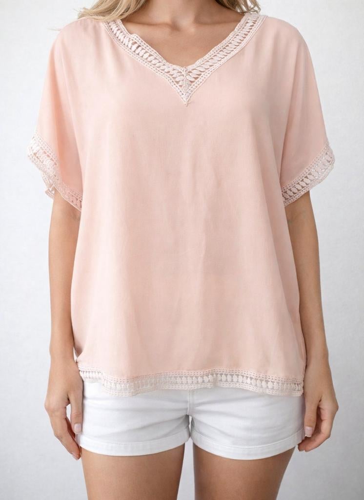 Perzikroze blouse voor dames, V-hals en kanten mouwen, Ophalen of Verzenden, Wit, Korte mouw