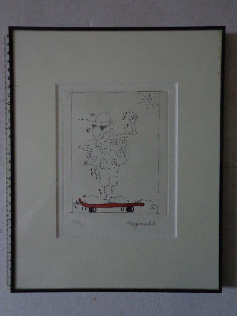 ets van Reginald Man met bloemenhemd op surfboard, Enlèvement ou Envoi, Portrait, Eau-forte, Numéroté