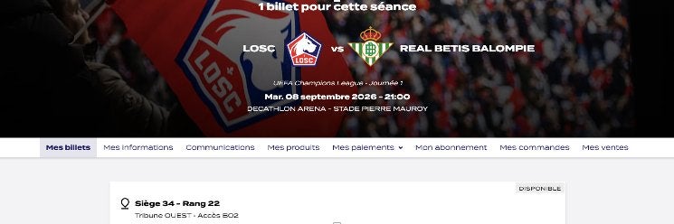 Losc Ligue des champions., Tickets & Billets, Sport | Football, Cartes en vrac, Deux personnes, Septembre
