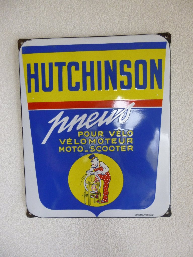 PANNEAU D'AFFICHAGE ÉMAILLÉ«HUTCHINSON PNEUS»DES ANNÉES 1950, Enlèvement ou Envoi, Comme neuf, Panneau publicitaire