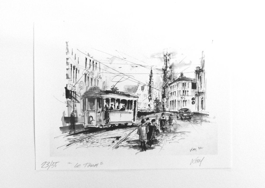 Epreuve signée 23/55 "Tram à Bruges", Envoi, Reproduction, Estampe, Signé