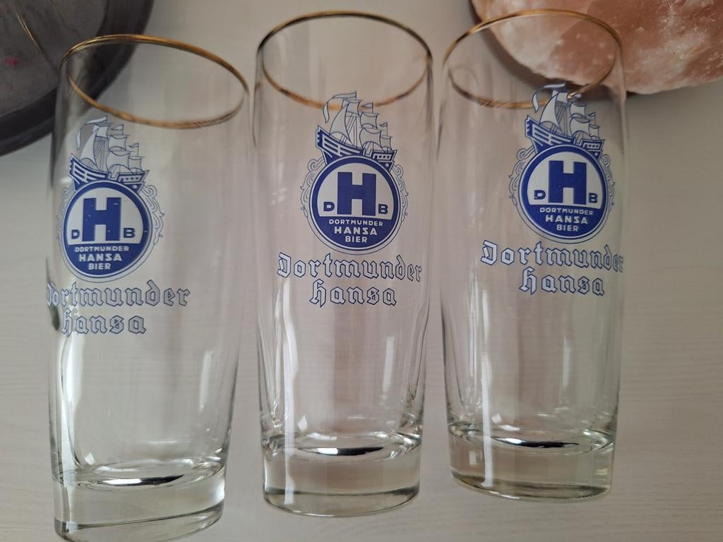 Dortmunder Hansa. 3 stuks. Hoogte 14,5 cm., Verzamelen, Glas en Drinkglazen, Ophalen, Bierglas