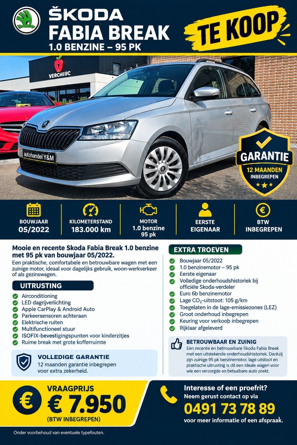 Skoda Fabia Braek 1.0⛽️benzine bouwjaar 2022/️Gekeurd, Dealer onderhouden, Stof, Bedrijf, 5 deurs