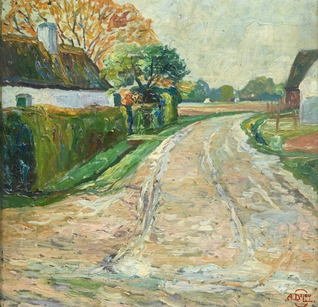 DELEU Arthur "Landweg" 1928 olie op paneel, Ophalen of Verzenden, Impressionistisch, Paneel