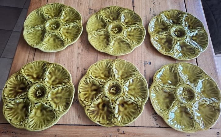 6 Vintage Franse groene oesterborden, GIEN, Assiettes(s), -, Poterie, Utilisé
