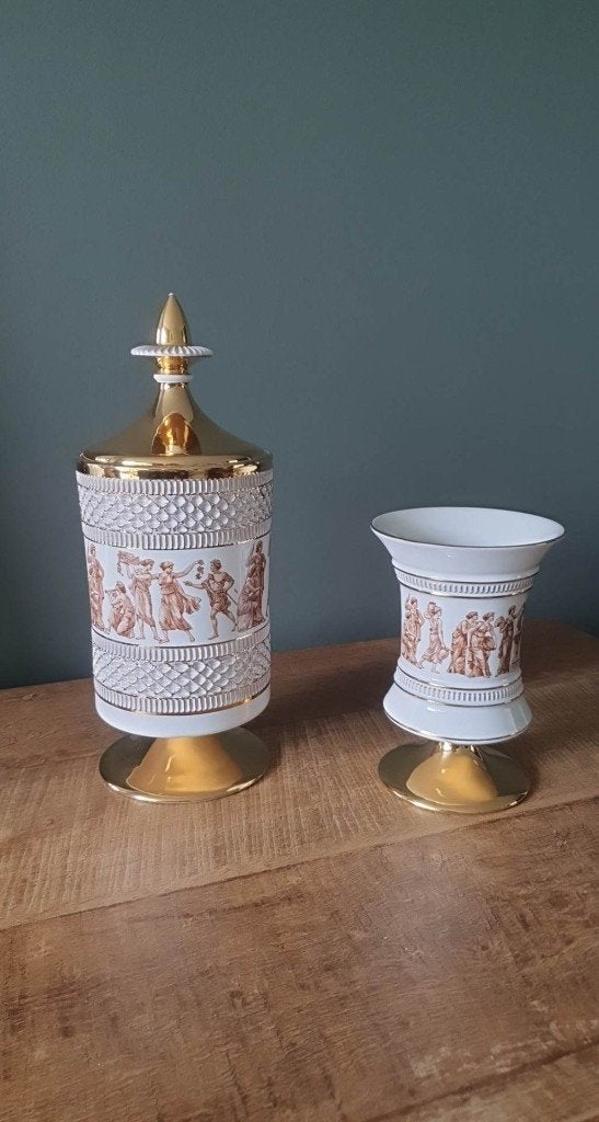 Italiaans vintage porselein wit/goud - Dekselpot + Vaas, Ophalen of Verzenden