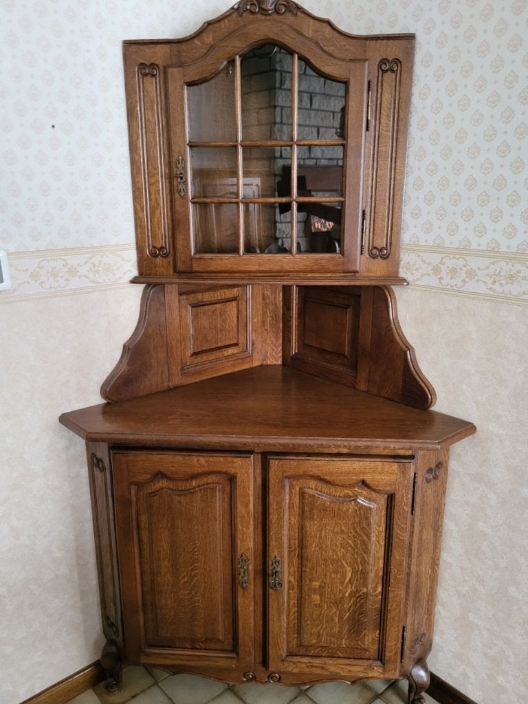 Prachtige massief eiken hoekkast / hoekvitrine, Antiek en Kunst, Ophalen