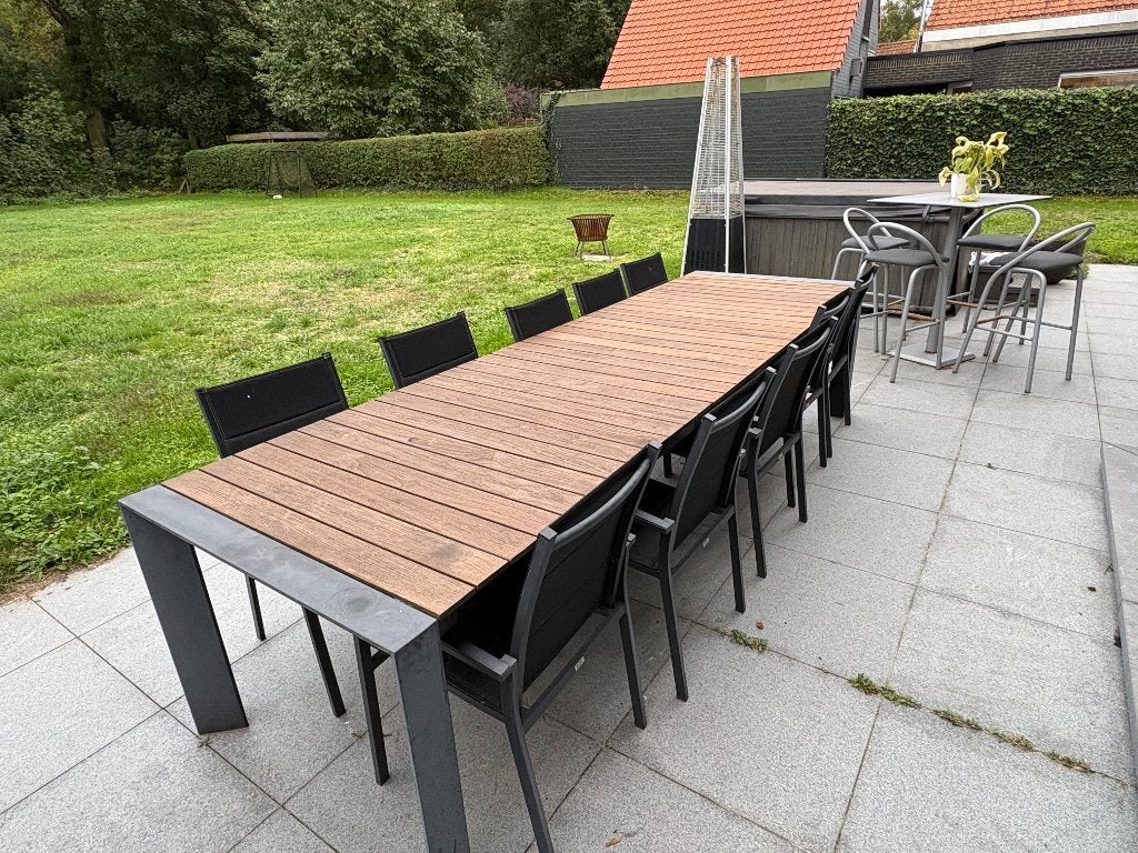 Tuintafel 3m40 lang met TEAK houten blad en aluminium frame, Jardin & Terrasse, Enlèvement, Comme neuf, Rectangulaire, Aluminium