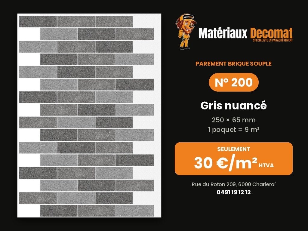 Parement brique souple - N 200 Gris nuancé - 30 €/m², Bricolage & Construction, Enlèvement, Neuf, Briques