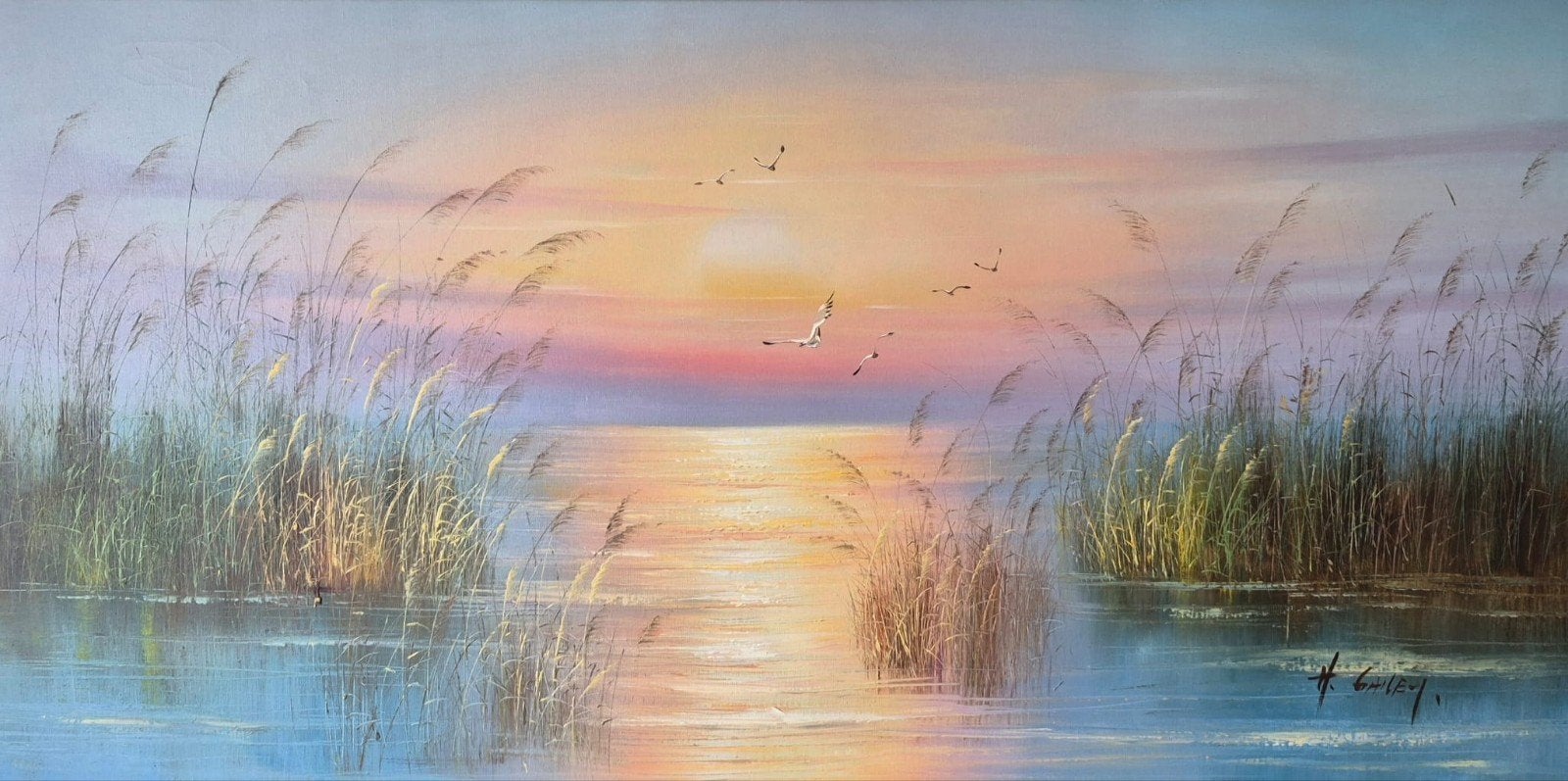 Tableau couché de soleil sur la mer, Antiquités & Art, Signé, Peinture à l'huile, Toile