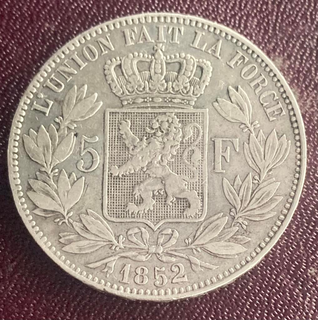 Zilveren 5 francs 1852/1 overslag Belgie, Postzegels en Munten, Munten | België, Zilver, Ophalen of Verzenden, Losse munt, Zilver